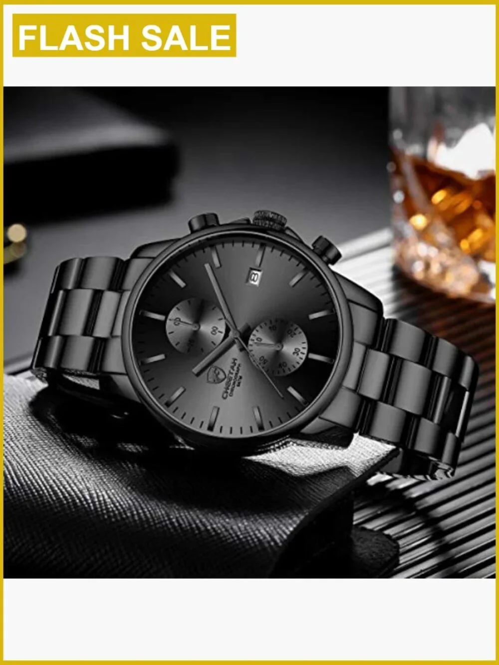 Stainless Steel Chronograph Quartz Watch for Men Waterproof 3ATM